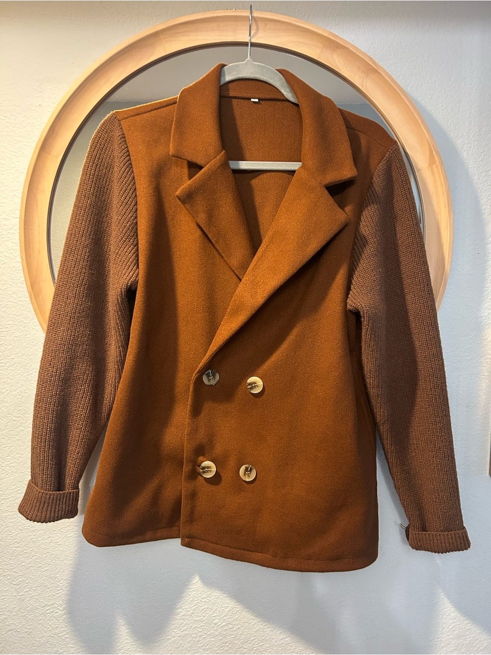 Women's Double-Breasted Rust Peacoat with Knit Sleeves